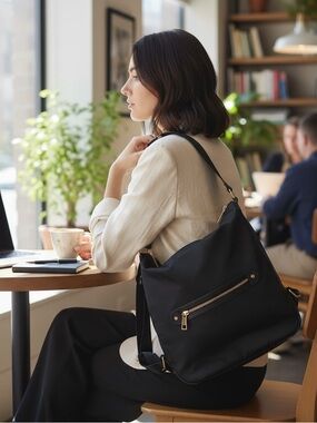 A New Day Convertible Backpack Hobo Purse in Black Nylon with Gold Hardware